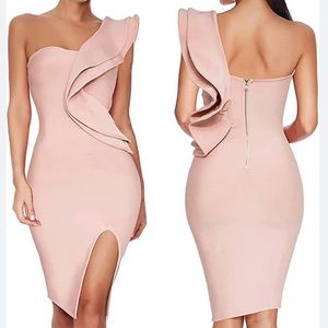 Dress, one shoulder ruffle dress, side split, body on dress, wedding guess